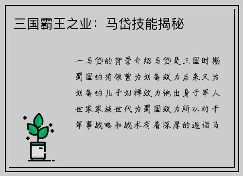三国霸王之业：马岱技能揭秘